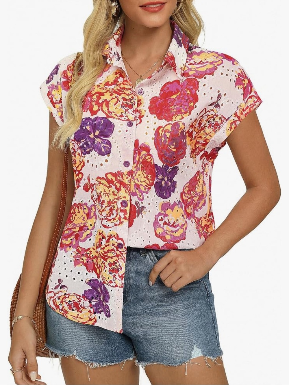 Grace Karin Eyelet Button Front Top